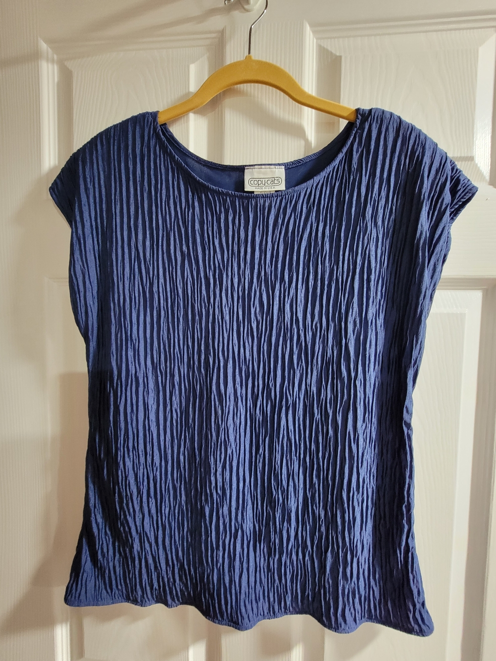 Textured blue plissé top is a size medium from the brand Copy-Cats.